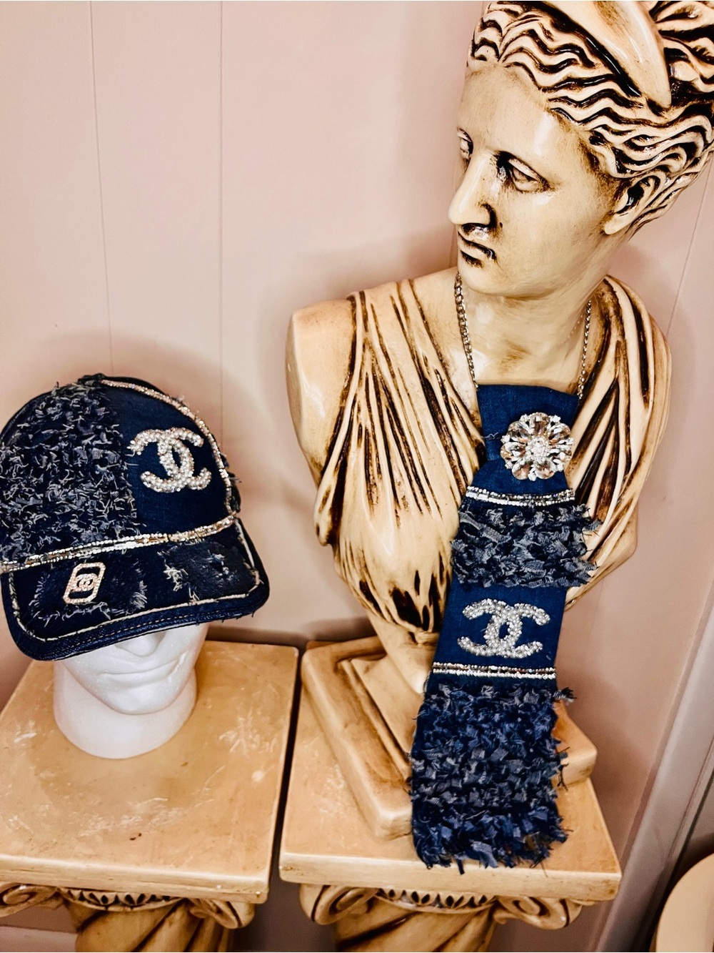 Denim Navy Crystal CC Baseball Cap & Necktie necklace set